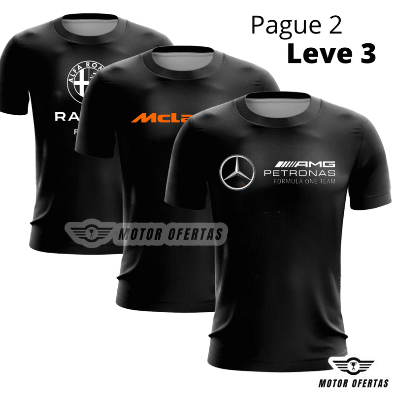 Pague 2 e Leve 3: Camisetas Pretas da F1 de Algodão