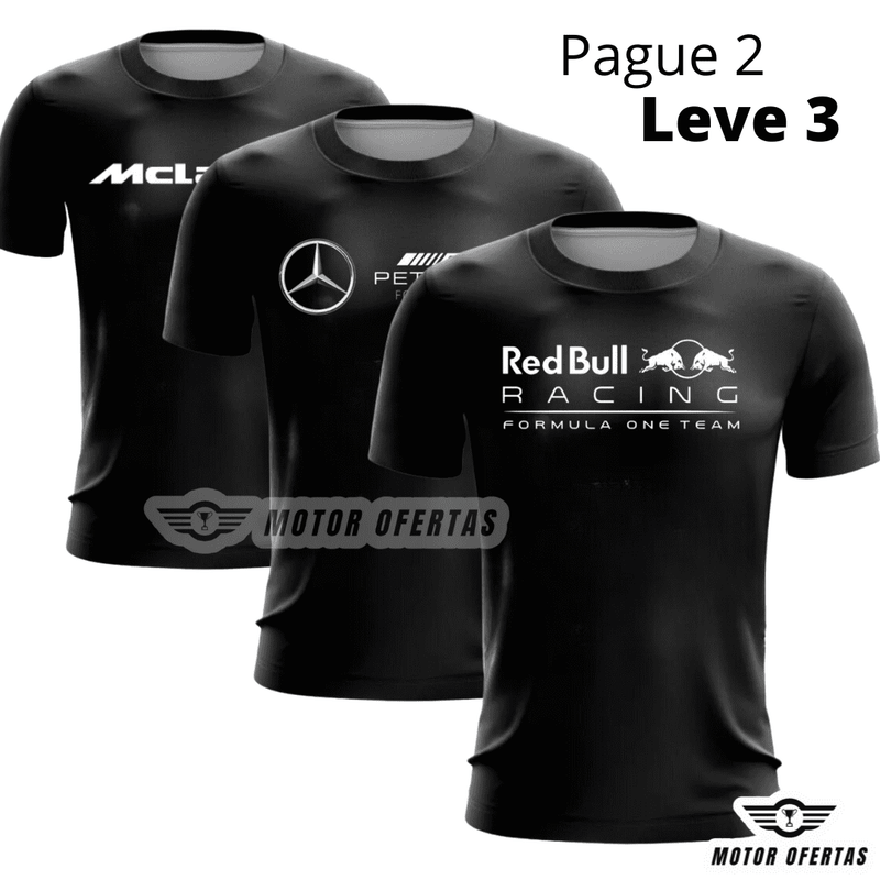 Pague 2 e Leve 3: Camisetas Pretas da F1 de Algodão