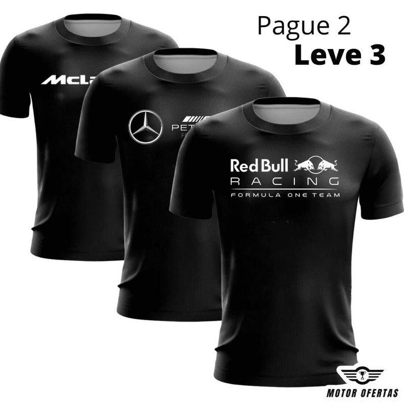 Compre2 Leve 3 - Camisetas Pretas da F1 de Algodão Compre2 Leve 3 - Camisetas Pretas da F1 de Algodão Motor Ofertas Red Bull + Mercedes + McLaren P 